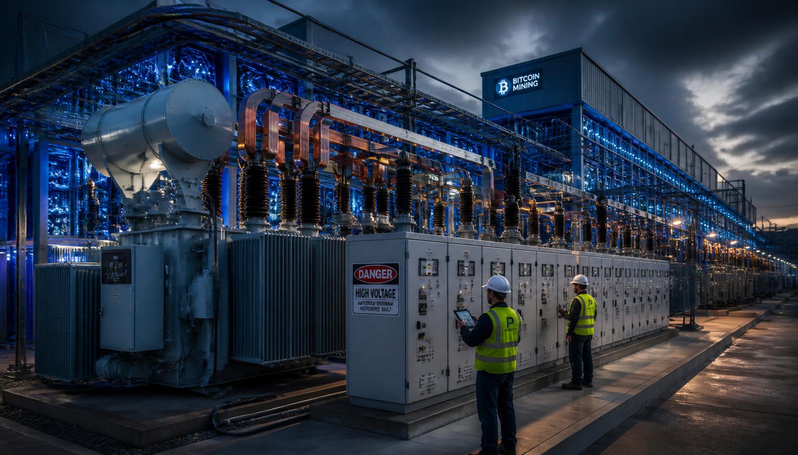 High-voltage substation powering a Bitcoin mining facility