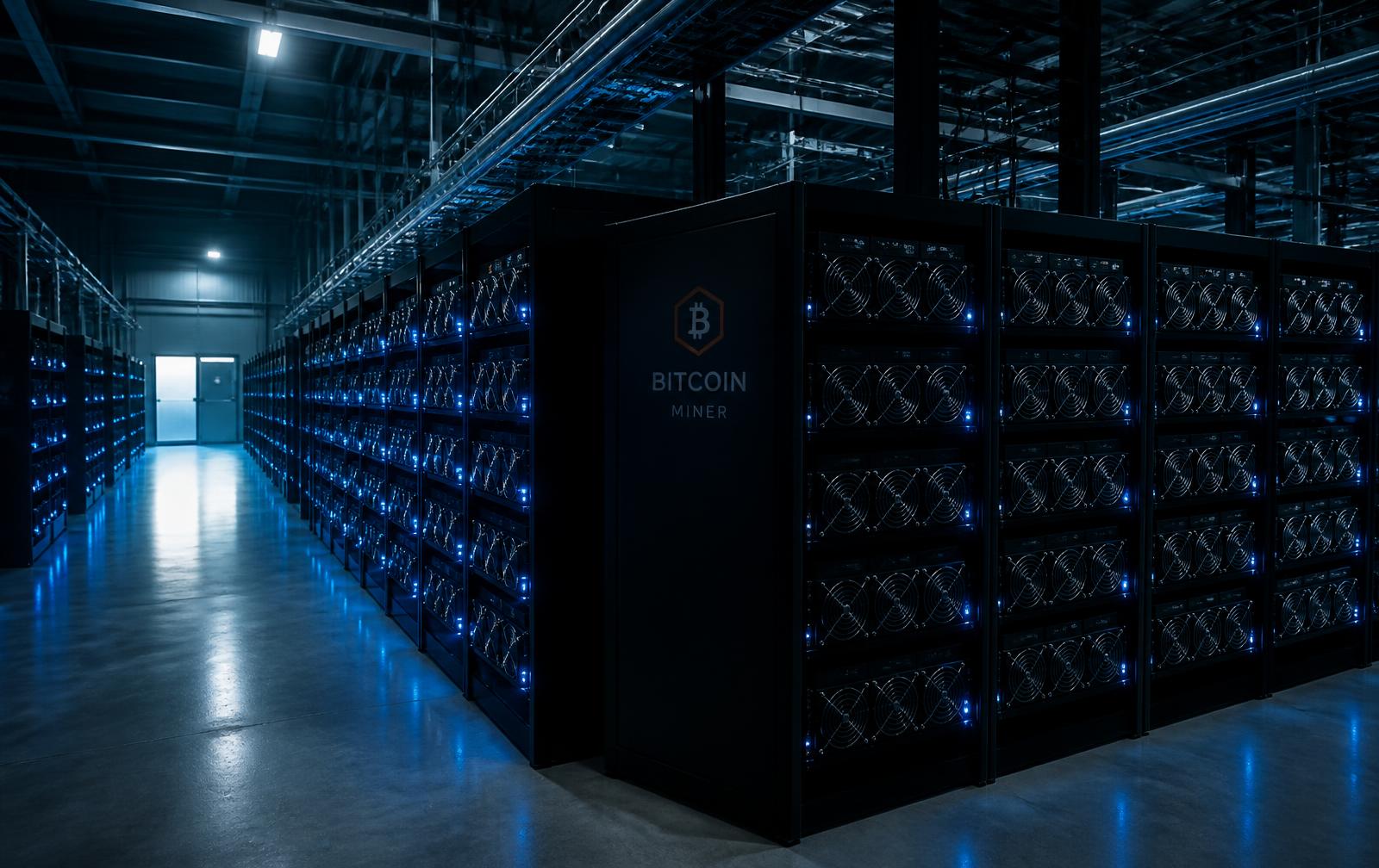 Rows of ASIC Bitcoin mining machines inside a ProElectricRig facility